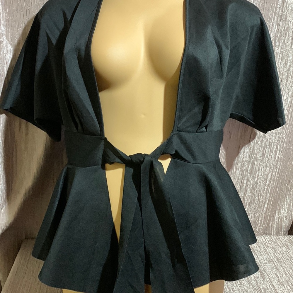 Shein Top Open Cardigan 12 Short Sleeve Ties in the Front Black Stretchy - Picture 12 of 14